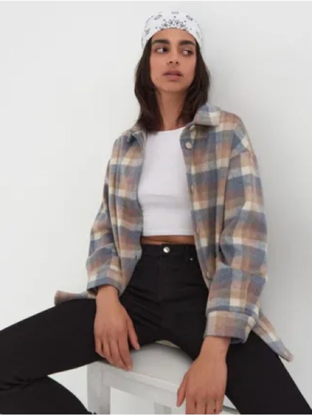 Sinsay Plaid Button Front Shacket Brown Gray Size L